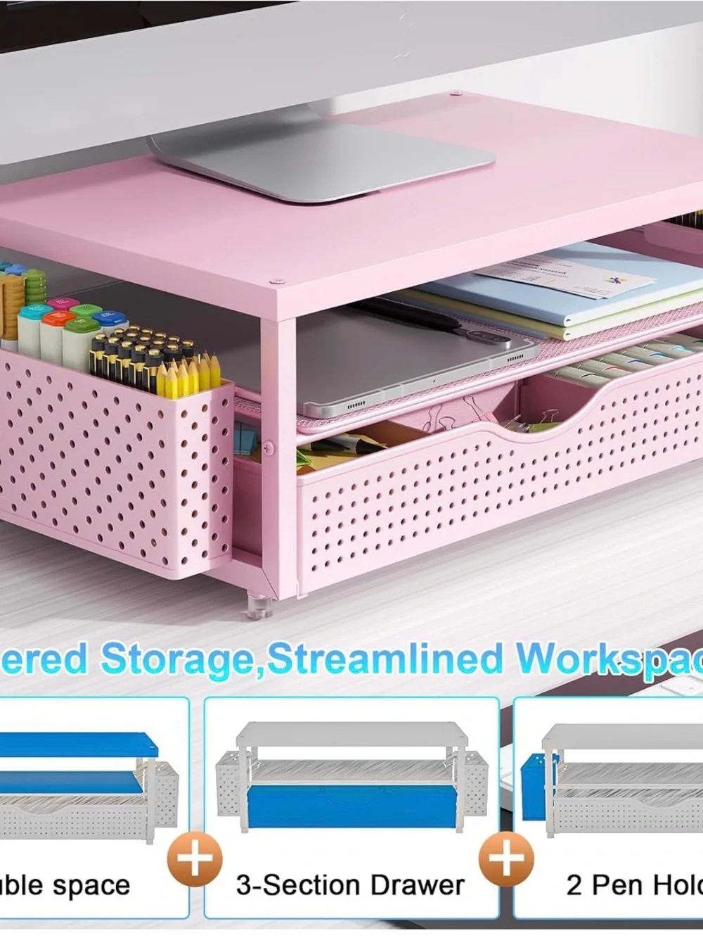 Pink Desktop Monitor Riser with Storage - Home Office Organizer